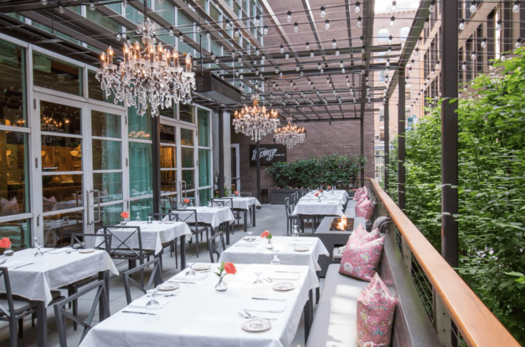 A restaurant with tables and chairs set up for outdoor dining.