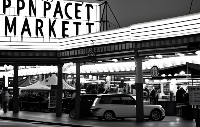 A black and white photo of a market with cars parked in front.