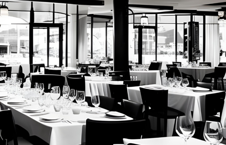 A restaurant with tables and chairs set up for dinner.