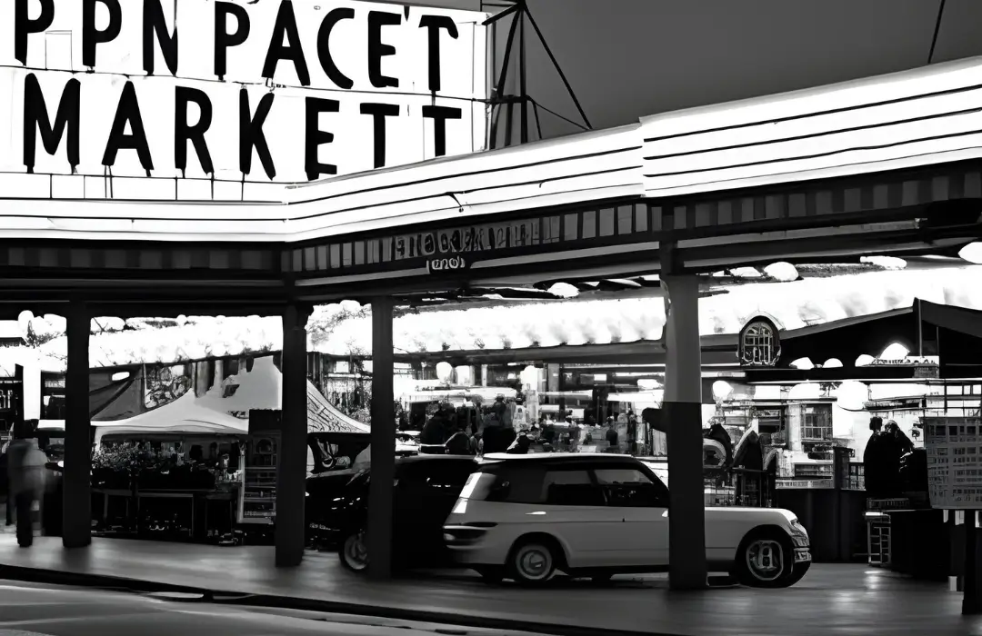 A black and white photo of a market with cars parked in front.