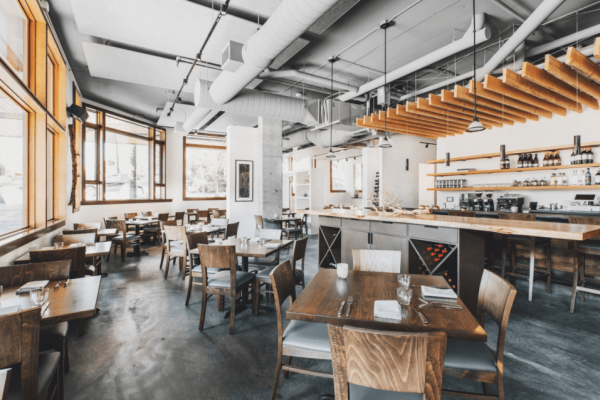 A restaurant with tables and chairs in it